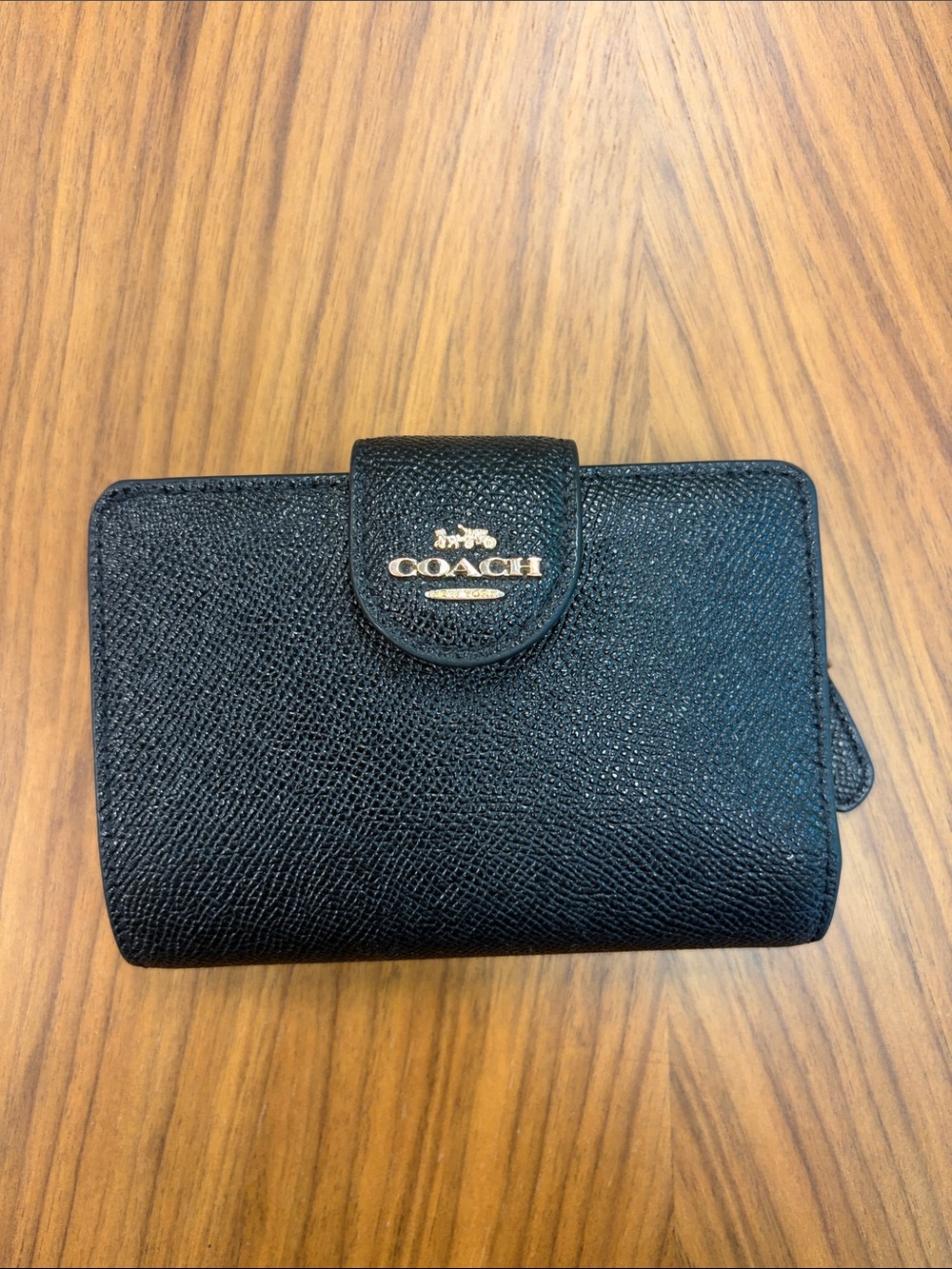 Coach Black Pebbled Leather Snap-Closure Wallet with Gold Logo